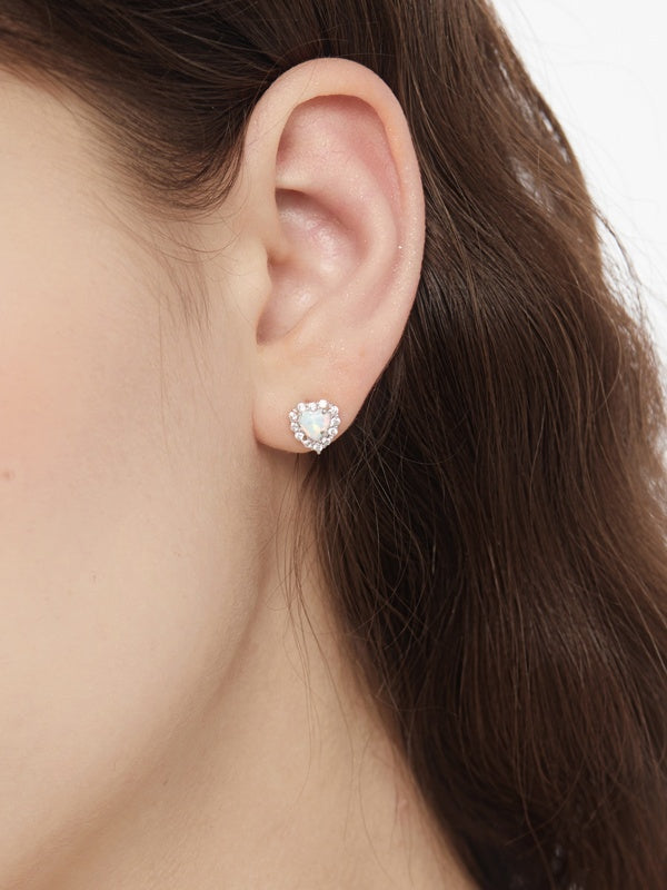 Heart-Shaped Opal and White Zirconia Frame Stud 925 Silver Earrings